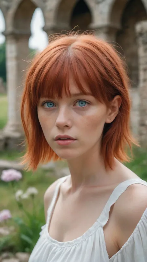 photograph of a woman, white summer dress, cute pouty face, red hair, short layered haircut with bangs, big blue eyes, old medieval ruins landscape, natural light, shot on an Olympus OM-1, amazing color grading, ultra-realistic,(head shot:1.4)