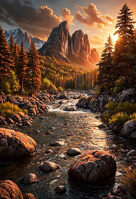 Creates an impressive photorealistic visual representation of a river surrounded by trees and mountains, 
in the center of the river a small island of rocks and a tree, 
the orange sunset sky, 
trending on artstation, 
sharp focus, 
studio photo, 
intricate details, 
highly detailed, 
by greg rutkowski