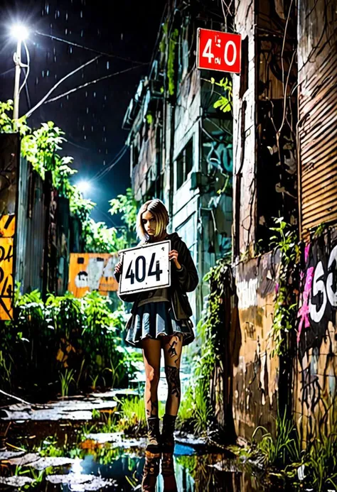 a photo of a terrified girl holding a 404 sign hiding behind a wall , 3/4 front view, survival, post-apocalyptic, cyberpunk, outdoors, ((night)), destruction, urban decay, reflective puddles masterpiece, overgrown city, undefined