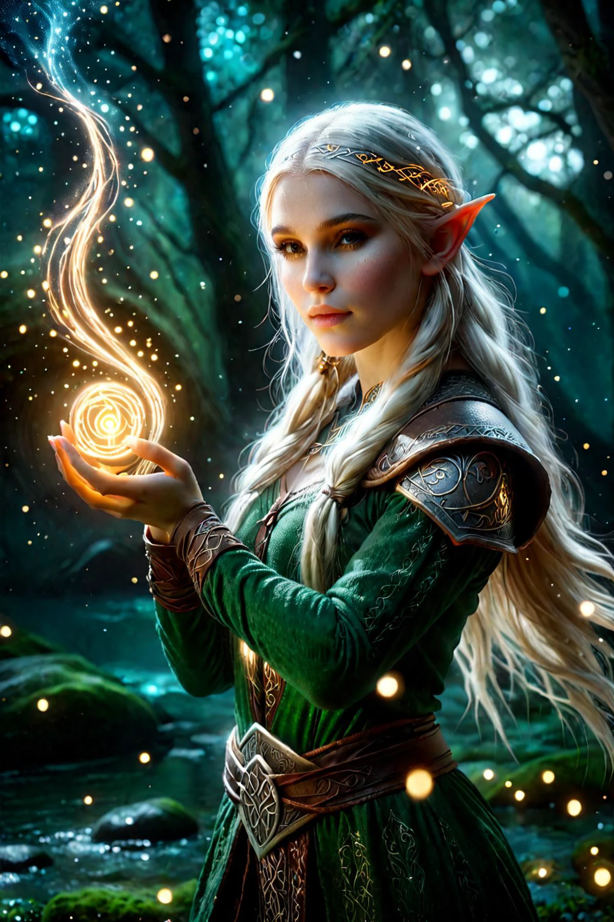 A mysterious elf girl with glowing runes that float around her protectively, Heavy Bokeh, Caustic Lighting Effects, RTX, BY HGHD Ï, <lora:epiCRealismHelper:1>, Middle Earth, <lora:ral-blackhole-sdxl:1.2>