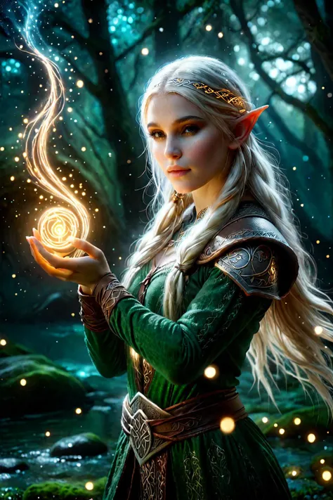 A mysterious teen elf girl with glowing runes that float around her protectively, Heavy Bokeh, Caustic Lighting Effects, RTX, BY HGHD Ï, <lora:epiCRealismHelper:1>, Middle Earth, <lora:ral-blackhole-sdxl:1.2>