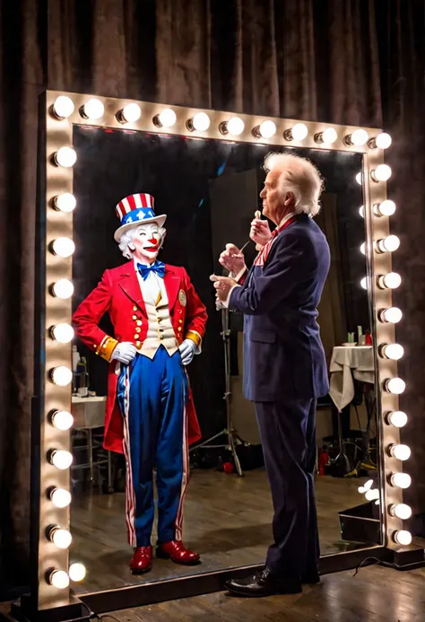 Photo of Ronald Macdonald, backstage looking into a vinity mirror with lightbulbs around the edge, with a reflection of Uncle Sam in the mirror