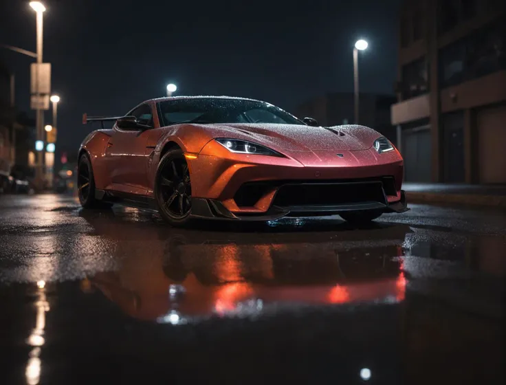 sports car, cyberpunk, reflecting puddles, Fujichrome Provia 100F, F/8, RTX, photolab, high quality photography, 3 point lighting, flash with softbox, 4k, Canon EOS R3, hdr, smooth, sharp focus, high resolution, award winning photo, 80mm, f2.8, bokeh