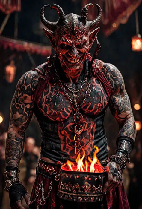 (Highest Quality, 4k, masterpiece, Amazing Details:1.1), wearing wear out circus_clothes, Shallow Depth of Field, E671, lens 50mm f/2.0, ((male_demon_magician_hell)), (((demon:1.3))) pircings, tattoos, red glowing snake eyes, (photorealistic) (RAW Photo), angry, evil smile, ((gothic circus)),, undefined