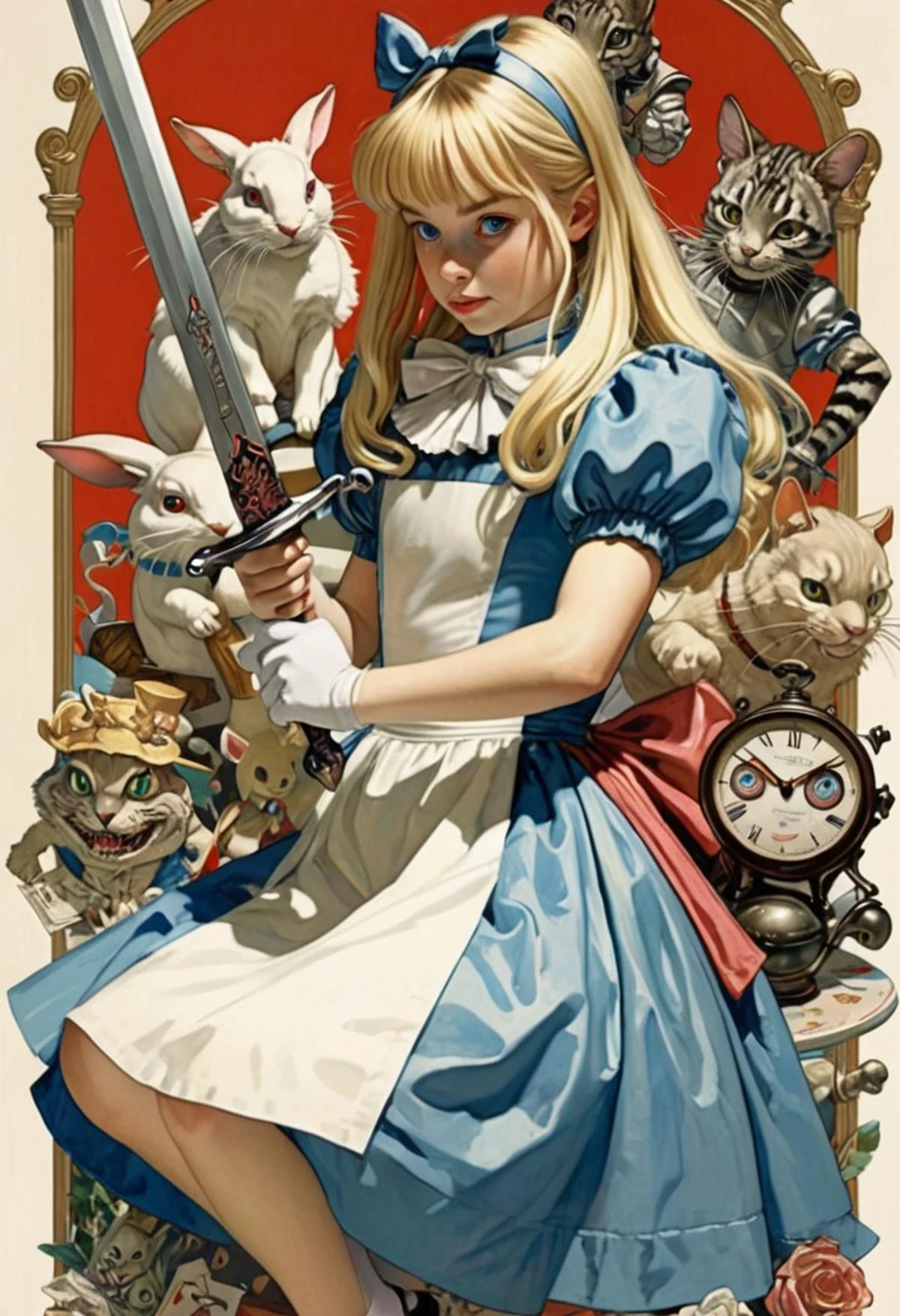 Disney Alice in Wonderland, holding the Vorpal Sword, art by Ghibli, art by J.C. Leyendecker