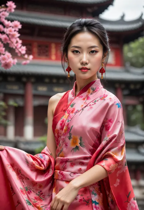 A Photograph of a young chinese woman in a realistic professional photoshoot, silk cloths, Capture her graceful beauty as she poses amidst a vibrant temple backdrop., undefined