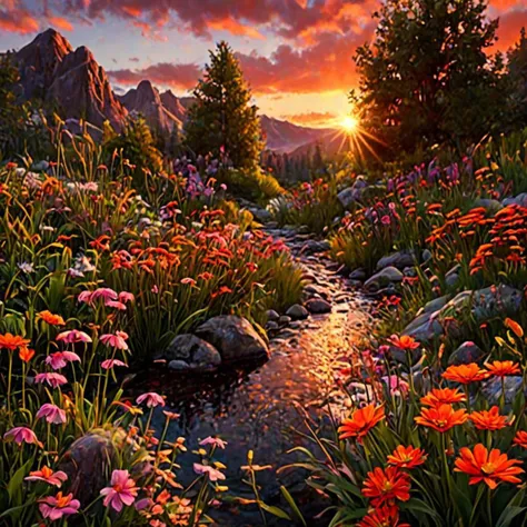 beautiful fantasy summer flower landscape, wide panoramic view, stream,good contrast, ultrarealistic, photorealistic, insanely detailed, octane render, unreal engine 5, dynamic lighting, red orange sunset, Peder Mork Monsted , ivan shishkin., ultra hd, realistic, vivid colors