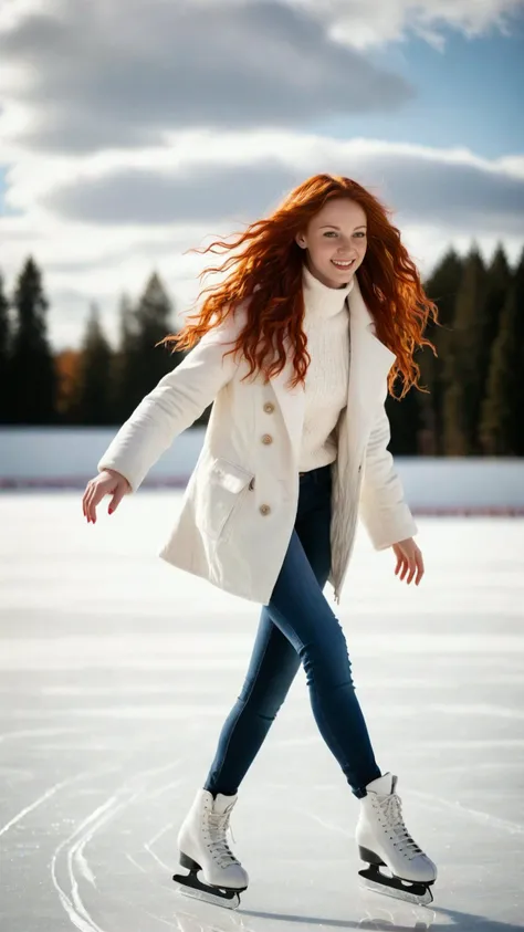 Photograph of a woman ice skating, skinny jeans, white short crop winter coat, very long wavy red hair, photography, soft natural light