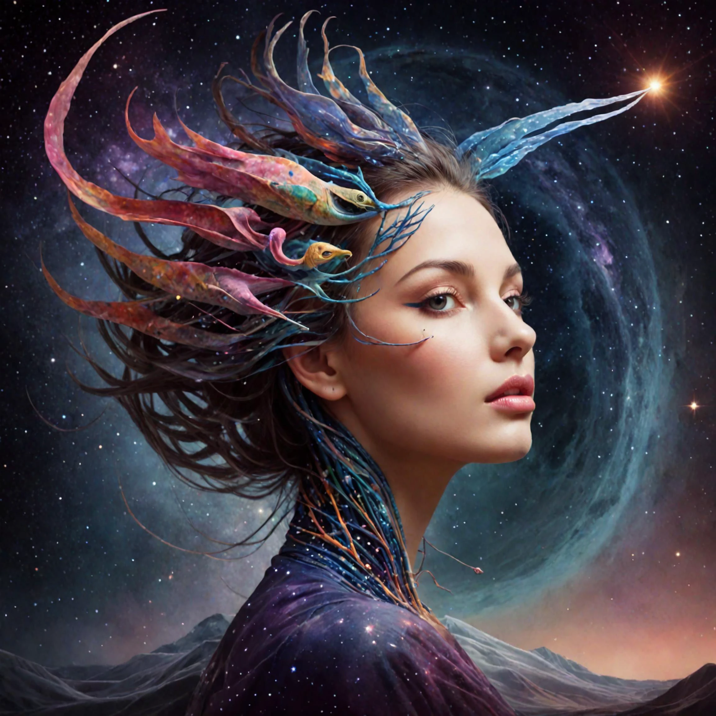 Surrealist art starry celestial style, psychedelic art in collage style, space inside the body of a huge bird (with a worm in its beak), milky way, constellations of the zodiac signs, dawn, <lora:add-detail-xl:2> <lora:xl_more_art-full_v1:0.4>, dreamlike, mysterious, provocative, symbolic, intricate, detailed, undefined