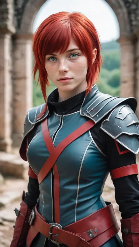 photograph of a woman, cosplay fantasy black/red rogue leather outfit, cute pouty face, red hair, short layered haircut with bangs, light blue eyes, old medieval ruins landscape, quick and nimble, action scene ,flattering lighting, natural light, shot on an Olympus OM-1, amazing color grading, ultra-realistic,(half body shot:1.4)