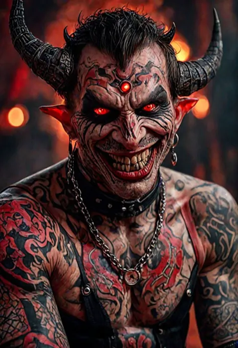 (Highest Quality, 4k, masterpiece, Amazing Details:1.1), wearing wear out circus_clothes, Shallow Depth of Field, E671, lens 50mm f/2.0, ((male_demon_magician_hell)), (((demon:1.3))) pircings, tattoos, red glowing snake eyes, (photorealistic) (RAW Photo), angry, evil smile, ((gothic circus)),, undefined