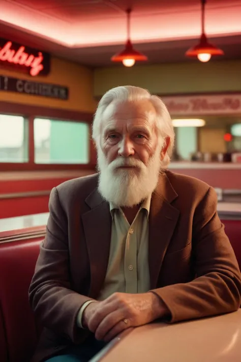 cinematic film still bearded old guy, sitting inside an american diner (the text title called "Ruby's":1.2) in 70's setting, pastel colored colorgrading in style of wes anderson . shallow depth of field, vignette, highly detailed, high budget, bokeh, cinemascope, moody, epic, gorgeous, film grain, grainy