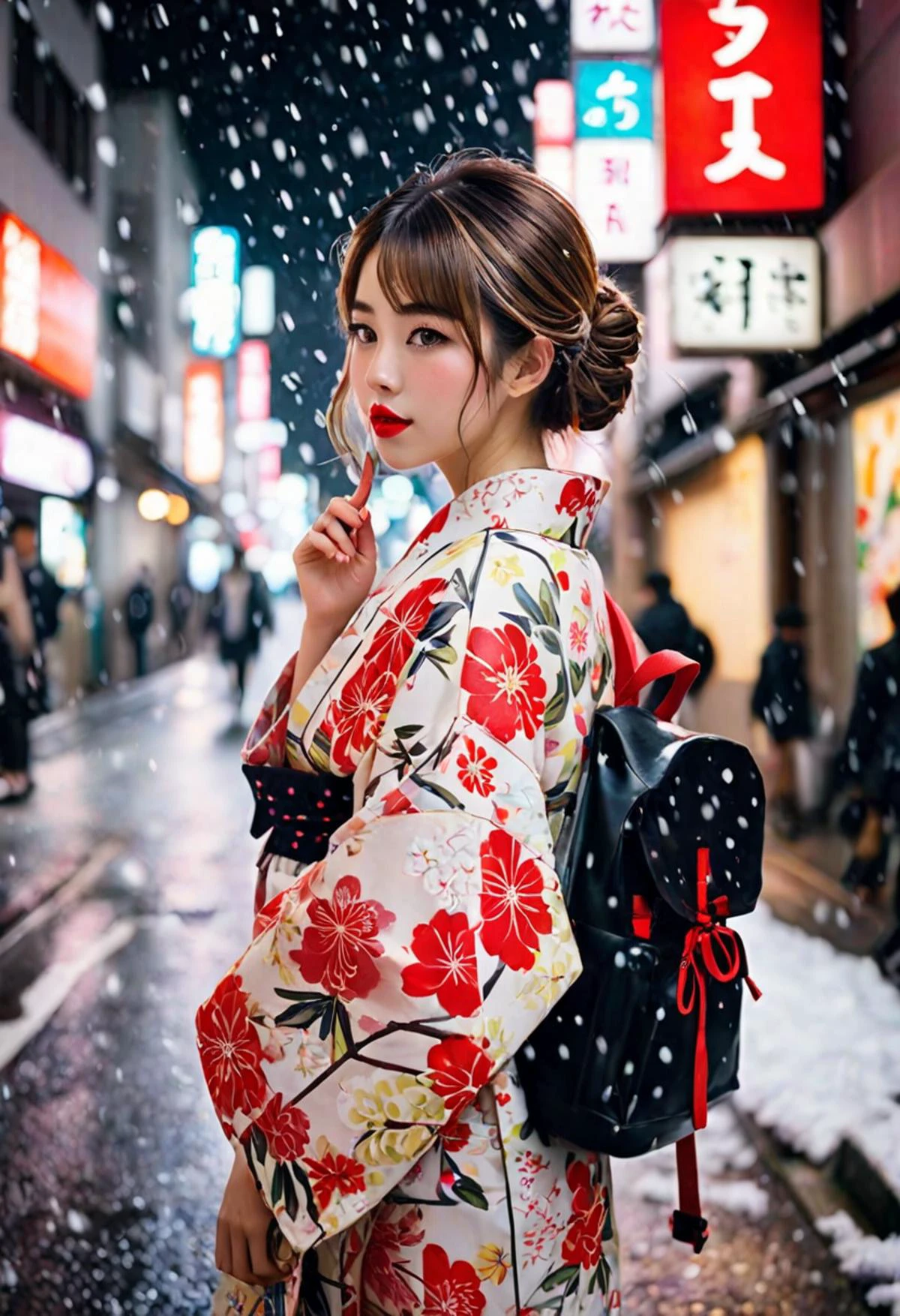 Photo of A Japanese girl, dole eye, red lipstick, kawaii kimono with floral pattern, backpack, on the street in Tokyo, busy street neon light, snowing, art by J.C. Leyendecker, Canon 5d Mark 4, Kodak Ektar, soft focus