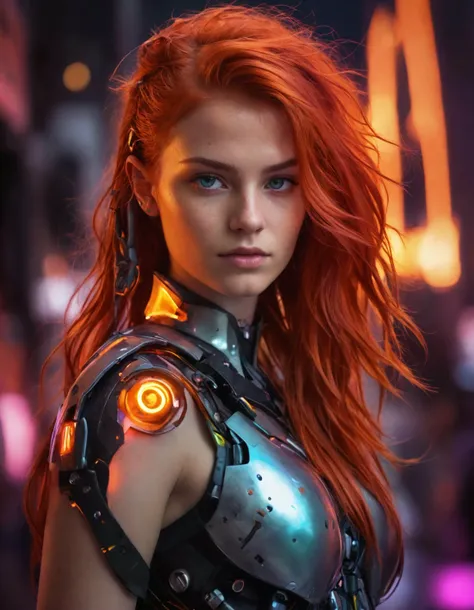 A Photograph capturing the essence of a young cyborg woman with fiery red hair. Her face fills the frame, bathed in neon hues, exuding determination and mystery amidst a futuristic backdrop, undefined