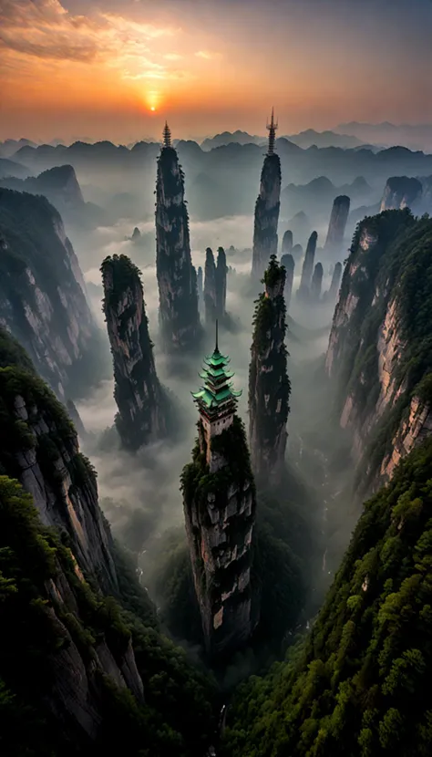 8k dlsr breathtaking estalishing shot, Aerial Photography bird's-eye view of (glass skyscraper)+++ in Zhangjiajie, Wulingyuan Scenic Area, with , godrays, milky haze, mist in canyons, masterpiece, award-winning, professional, highly detailed, by Gregory Crewdson
, undefined