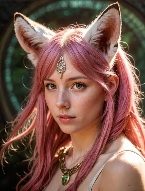 art by gaston bussiere and alphonse mucha, photograph, highly detailed, over the shoulder shot of a Cruel Celtic (young_woman, fox ears, skimpy:1.1), 20 years old, Pink hair, inside of a Balanced Palenque, deep focus, Happy, side light, double exposure, Nikon d850, F/8, Cathode tube