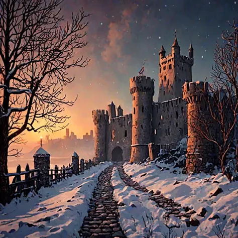 middle ages, 
winter, 
evening, 
fortress ruins and ruins, 
path, 
winter fantasy, 
4k