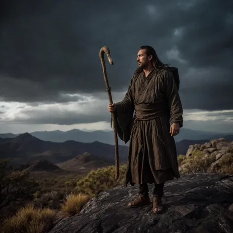 a photo of a monk wearing robes holding a solid wooden openwork staff in the bottom right corner turning his back,The wind is blowing the corners of the robe,In the midst of a rocky wasteland stands a colossal rock resembling a monster, broken, dirty, mossy, charred, At the mountaintop stands a portly man with a lion's head, clad in tattered leather armor, harsh environment,8k wallpaper, cinematic lighting, intricate, dark sky, night, masterpiece, best quality,photorealistic, undefined