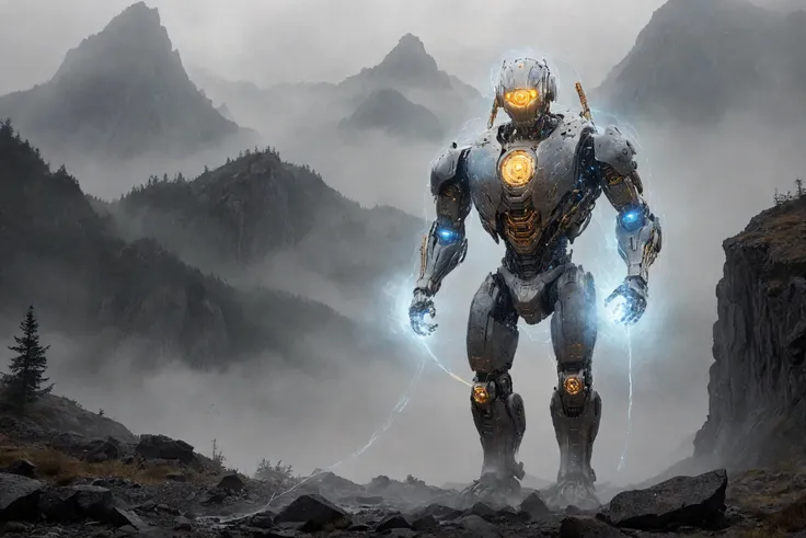 AetherPunkAI robot walking through very heavy fog in mountain valley <lora:d\EnvyHazeSliderXL01:1.2> haze, floating parts connected with stream of AetherPunkAI energy, <lora:AetherPunkAIv2:1> BREAK
other machines in background, laser beams, rugged mountains