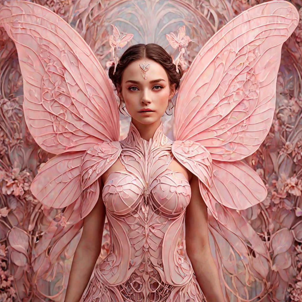 breathtaking a symmetrical portrait of a female fantasy character with large,
symmetrical butterfly wings. The wings have a delicate structure with intricate patterns,
illuminated in soft pink hues. Her complexion is radiant and ethereal,
with a soft pink blush that harmonizes with the colors of her wings. Her facial features are tranquil and perfectly symmetrical,
with prominent cheekbones and wide,
captivating eyes. She possesses elongated,
pointed ears,
delicately adorned with pink crystals,
signifying her magical heritage. She wears a bodice that features a floral design with soft,
satin-like textures and lace detailing in shades of pink. The backdrop is a dreamy,
blurred fusion of pink and white tones,
enhancing the enchanting and surreal aura of the image. . award-winning,
professional,
highly detailed
