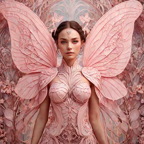 breathtaking a symmetrical portrait of a female fantasy character with large, 
symmetrical butterfly wings. The wings have a delicate structure with intricate patterns, 
illuminated in soft pink hues. Her complexion is radiant and ethereal, 
with a soft pink blush that harmonizes with the colors of her wings. Her facial features are tranquil and perfectly symmetrical, 
with prominent cheekbones and wide, 
captivating eyes. She possesses elongated, 
pointed ears, 
delicately adorned with pink crystals, 
signifying her magical heritage. She wears a bodice that features a floral design with soft, 
satin-like textures and lace detailing in shades of pink. The backdrop is a dreamy, 
blurred fusion of pink and white tones, 
enhancing the enchanting and surreal aura of the image. . award-winning, 
professional, 
highly detailed