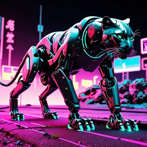 side view, robot panther stalking on all fours through a neon and electronic landscape, dystopian, high contrast