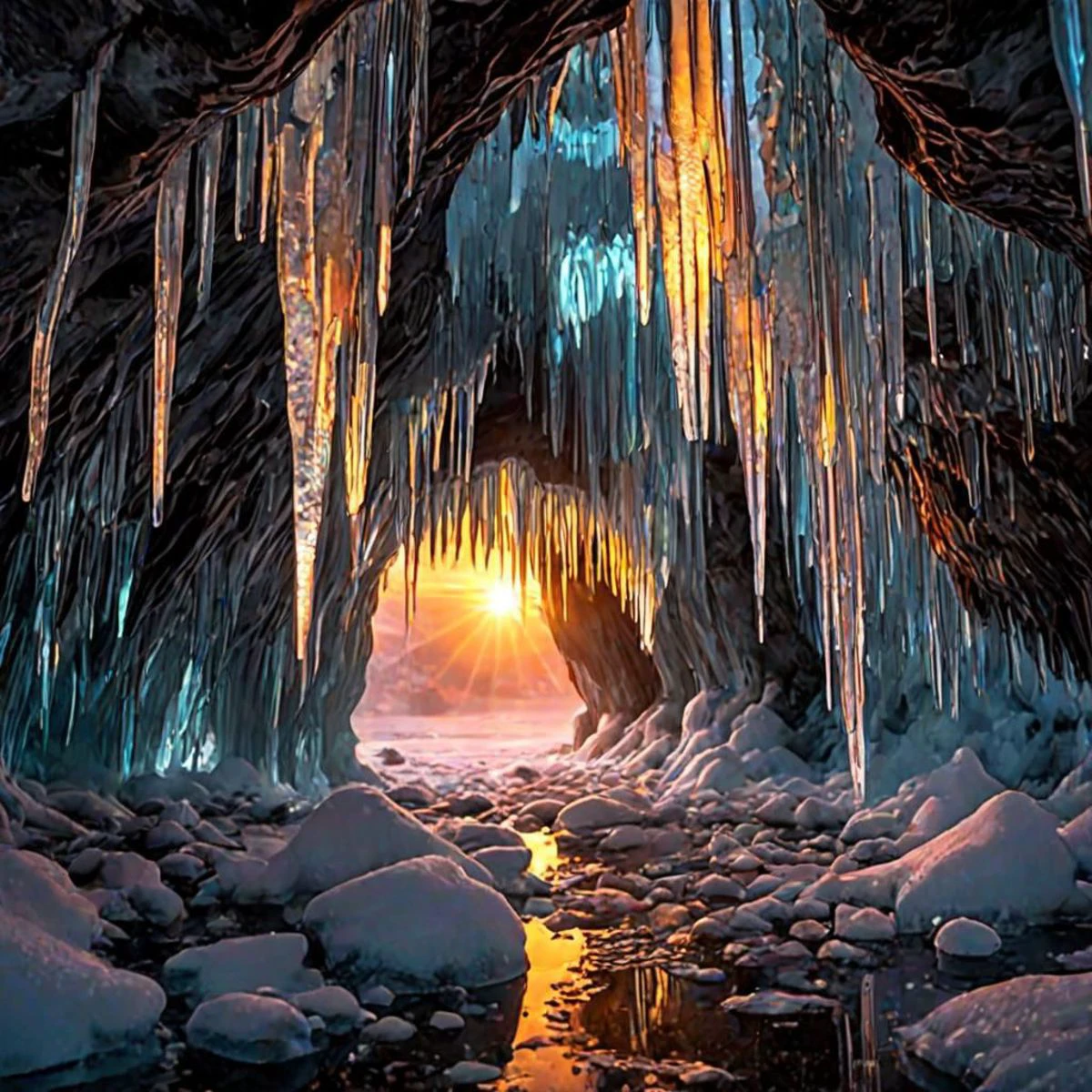 magnifent frozen caves,
glittering icicles,
reflecting a gorgeous sunrise,
Broken Glass effect,
no background,
stunning,
something that even doesn't exist,
mythical being,
energy,
molecular,
textures,
iridescent and luminescent scales,
breathtaking beauty,
pure perfection,
divine presence,
unforgettable,
impressive,
breathtaking beauty,
Volumetric light,
auras,
rays,
vivid colors reflects