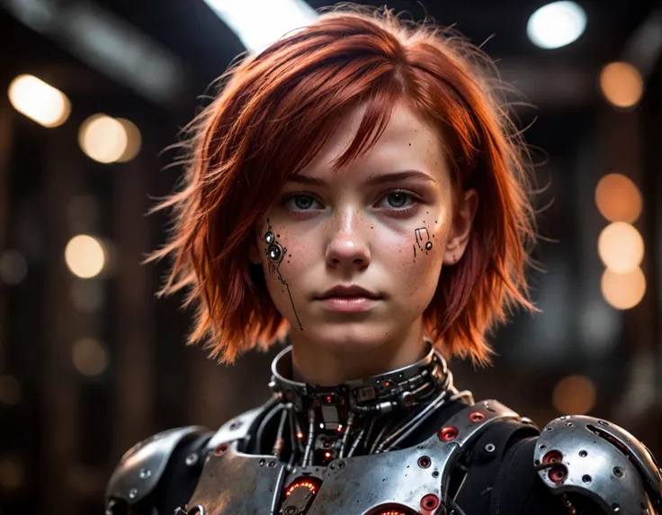 cinematic film still, young woman, cyborg, robot, ((face portrait:1.4)), 18 years old, metal parts, red short hair, rust, amazing details dark atmosphere, shallow depth of field, vignette, highly detailed, high budget, bokeh, cinemascope, moody, epic, gorgeous, film grain, grainy, undefined