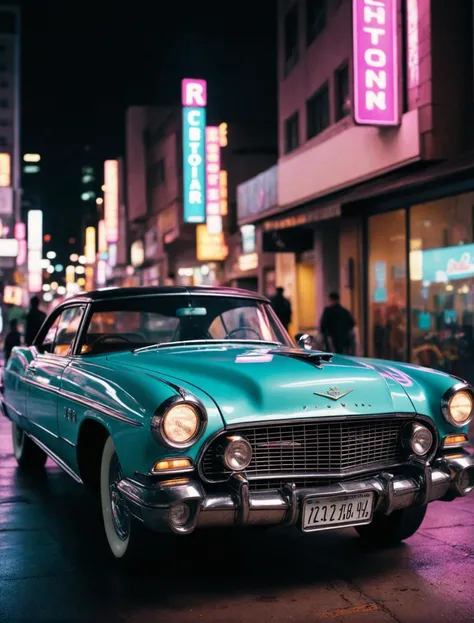 classic car, cyberpunk, Fujichrome Provia 100F, F/8, RTX, photolab