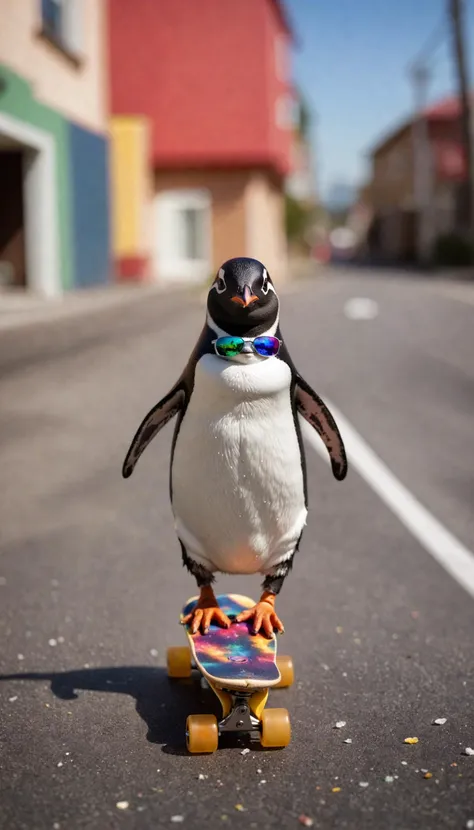 Real estate photography style, Adorable Character of cinematic photo photorealistic colorful microscopy shot Tilt-shift photo of a cute penguin wearing smoking is riding skateboard, transformed, tilt-shift (subsurface scattering, soft-body physics, cloth physics) colorful pollen clouds, shimmering dust, ((optical dirty lens, aesthetic lens effects, chromatic aberration)) . 35mm photograph, film, bokeh, professional, 4k, highly detailed, adorable character, Professional, inviting, well-lit, high-resolution, property-focused, commercial, highly detailed, undefined