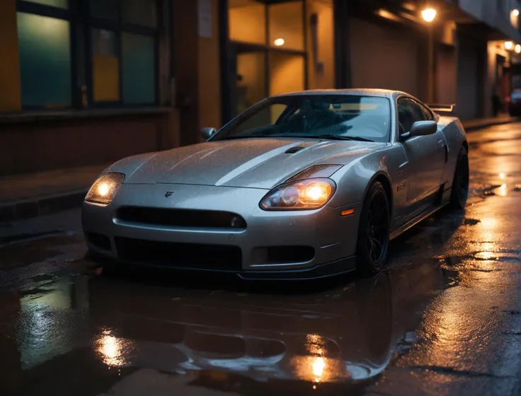 sports car, cyberpunk, reflecting puddles, Fujichrome Provia 100F, F/8, RTX, photolab, high quality photography, 3 point lighting, flash with softbox, 4k, Canon EOS R3, hdr, smooth, sharp focus, high resolution, award winning photo, 80mm, f2.8, bokeh