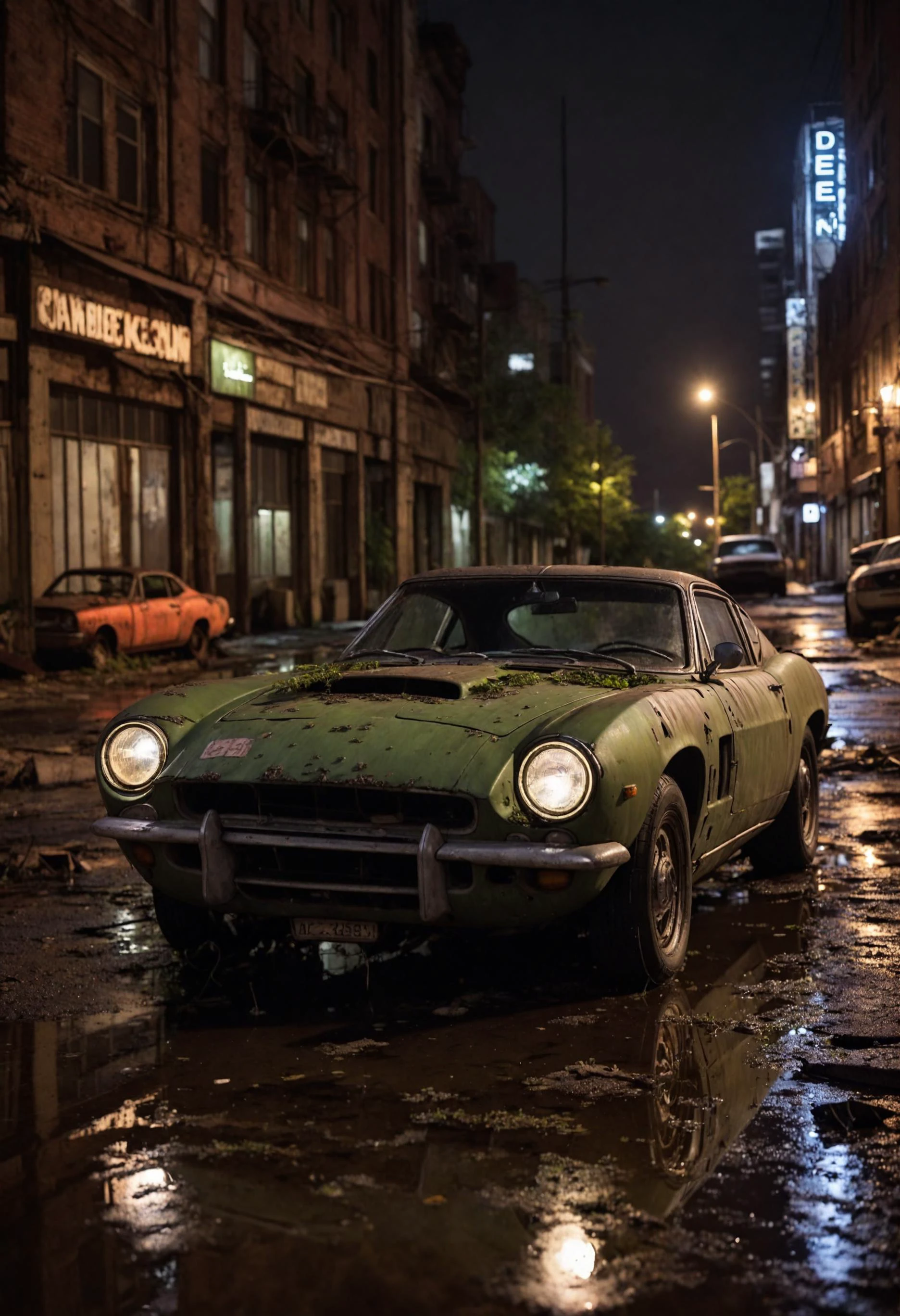 a photo of a dieselpunk sports car, 3/4 front view, survival, post-apocalyptic, cyberpunk, outdoors, ((night)), destruction, urban decay, reflective puddles masterpiece, overgrown city, undefined