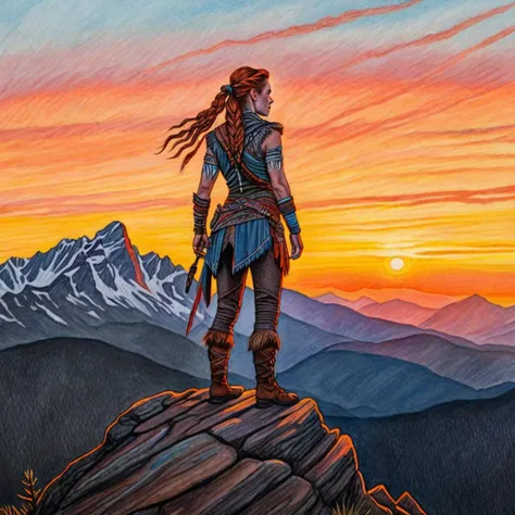 Aloy standing on a mountain peak, sunset,  colored pencil drawing