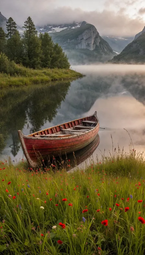 8k breathtaking view of a shored Viking Boat laying on grass, Njardar (Sognefjord) , milky haze, morning lake mist, masterpiece, award-winning, professional, highly detailed in yvonne coomber style, undefined