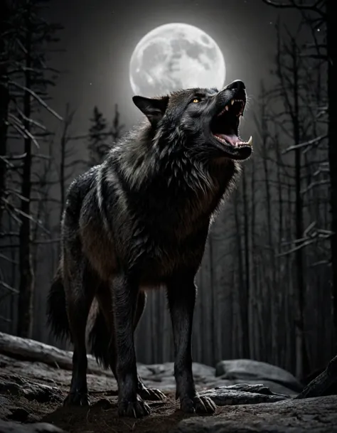 Photograph, intricate background, shoulder-level shot of a growling huge black timber wolf, Moon in the night, award-winning, National Geographic photography, cinematic lighting, Film grain, Spirals, award-winning, art by Brian Sum