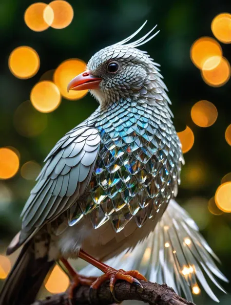 a diamond armor bird, translucent, high quality photography, 3 point lighting, flash with softbox, 4k, Canon EOS R3, hdr, smooth, sharp focus, high resolution, award winning photo, 80mm, f2.8, bokeh