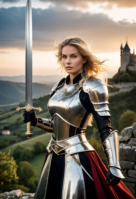 Photo,  grand photograph,  polaroid,  blonde woman in medieval metal armor,  lifting a sword toward the sky,  near a faraway castle at sunset. overlooking a valley,  canon_5d_mark_4,  elaborate_detail,  art by Masamune Shirow