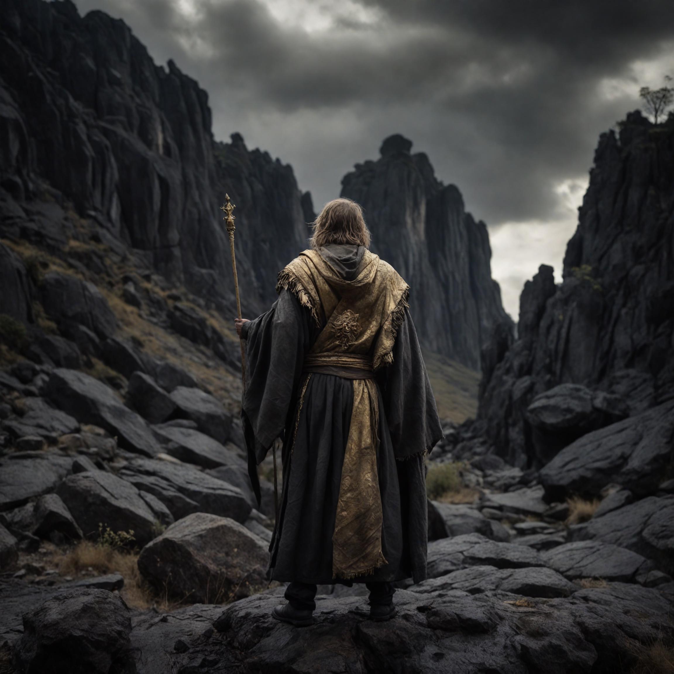 Arafed man in a robe and cloak standing on a rocky mountain - SeaArt AI