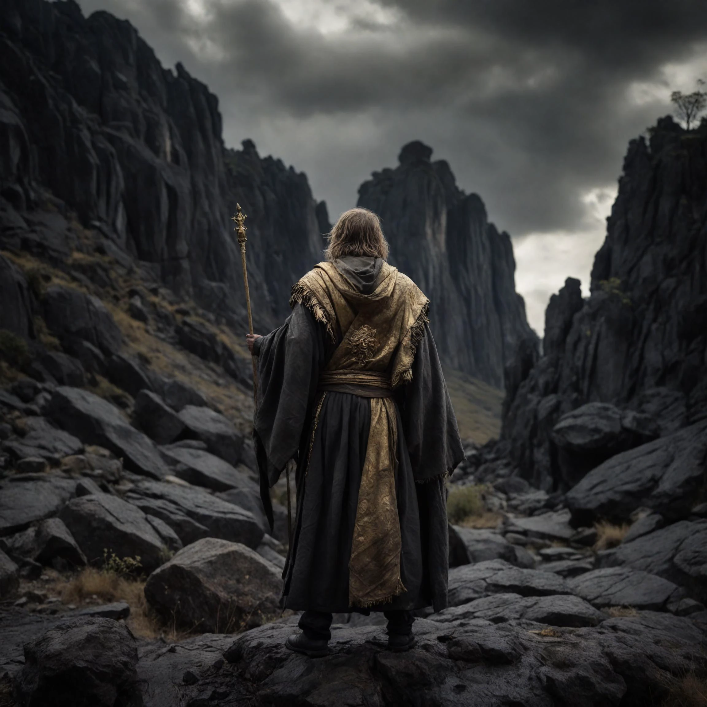 a photo of a monk wearing robes holding a solid gold openwork staff in the bottom right corner turning his back,The wind is blowing the corners of the robe,In the midst of a rocky wasteland stands a colossal rock resembling a monster, broken, dirty, mossy, charred, At the mountaintop stands a portly man with a lion's head, clad in tattered leather armor, harsh environment,8k wallpaper, cinematic lighting, intricate, dark sky, night, masterpiece, best quality,photorealistic, undefined