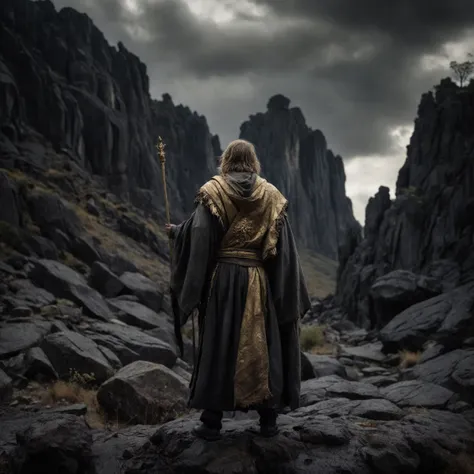 a photo of a monk wearing robes holding a solid gold openwork staff in the bottom right corner turning his back,The wind is blowing the corners of the robe,In the midst of a rocky wasteland stands a colossal rock resembling a monster, broken, dirty, mossy, charred, At the mountaintop stands a portly man with a lion's head, clad in tattered leather armor, harsh environment,8k wallpaper, cinematic lighting, intricate, dark sky, night, masterpiece, best quality,photorealistic, undefined