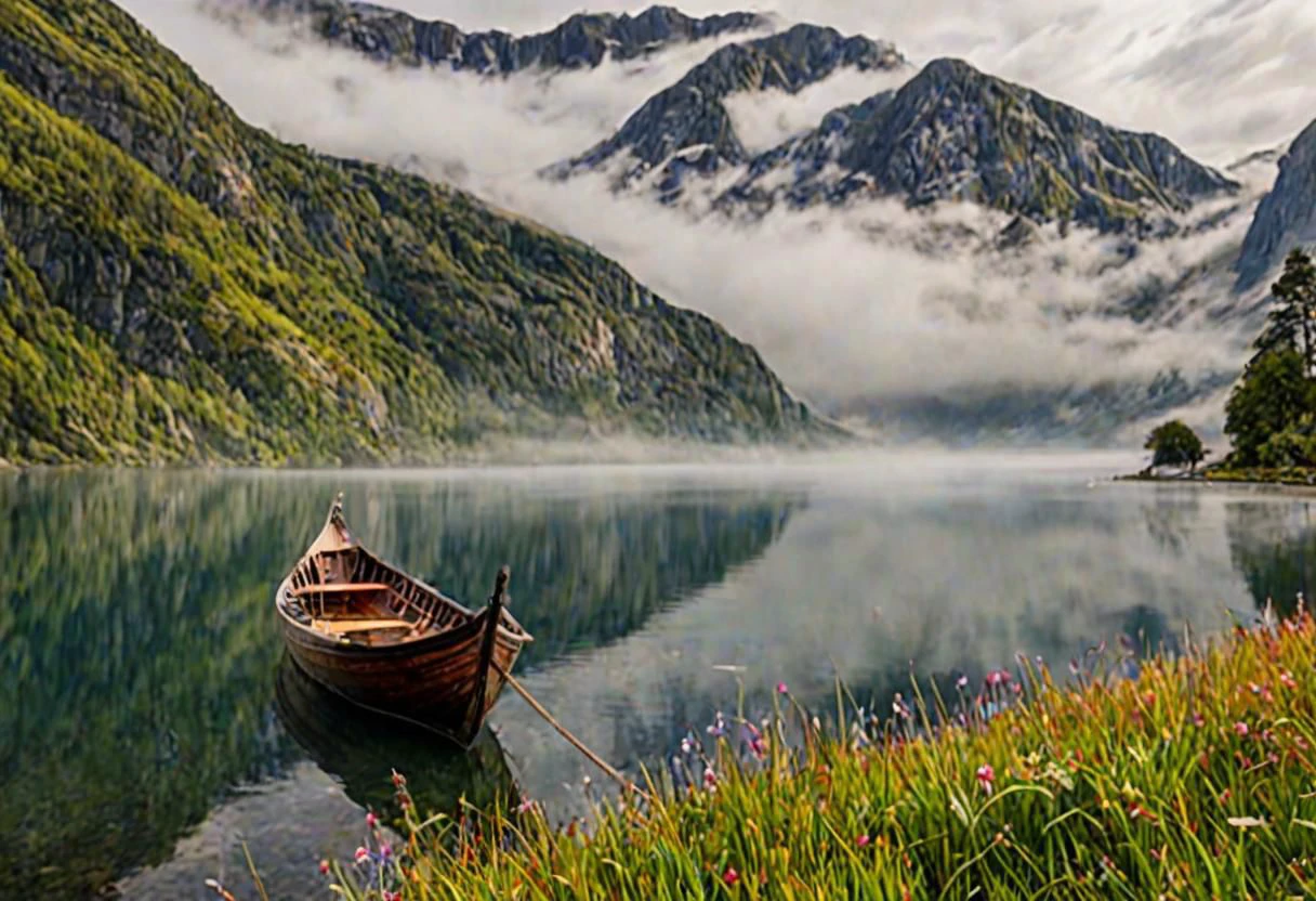 8k breathtaking view of a shored Viking Boat laying on grass, Njardar (Sognefjord) , milky haze, morning lake mist, masterpiece, award-winning, professional, highly detailed in yvonne coomber style, undefined