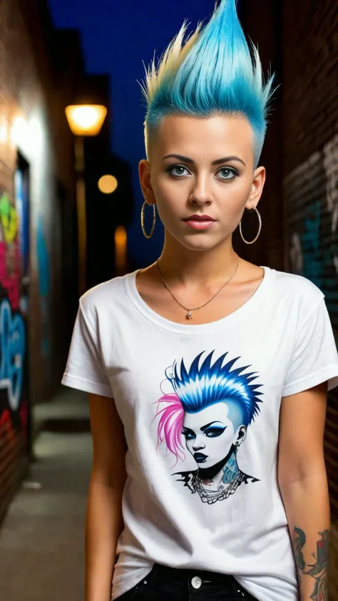 Photograph of a cute woman, very light blue eyes, skinny jeans, black misfits t-shirt, nose ring, (white/blue Mohawk haircut:2), curvy, in an alley, brick walls covered in colorful graffiti art, (at night:1.6), detailed eyes, detailed skin, detailed face, photography, dark, hard light, full body shot