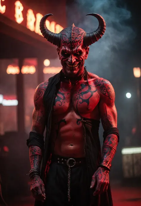 (Highest Quality, 4k, masterpiece, Amazing Details:1.1), wearing wear out circus_clothes, Shallow Depth of Field, E671, lens 50mm f/2.0, ((male_demon_magician_hell)), (((demon:1.3))) pircings, tattoos, red glowing snake eyes, (photorealistic) (RAW Photo), angry, evil smile, ((gothic circus)),, undefined