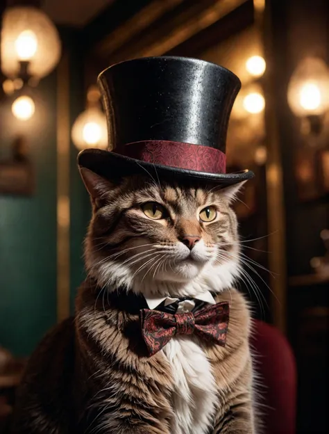 cinematic film still ,cat, smiling, Top hat,  victorian freak show, amazing details, dark atmosphere, shallow depth of field, vignette, highly detailed, high budget, cinemascope, moody, epic, gorgeous, film, Fujichrome Provia 100F, F/8, RTX, photolab, high quality photography, 3 point lighting, flash with softbox, 4k, Canon EOS R3, hdr, smooth, sharp focus, high resolution, award winning photo, 80mm, f2.8, bokeh