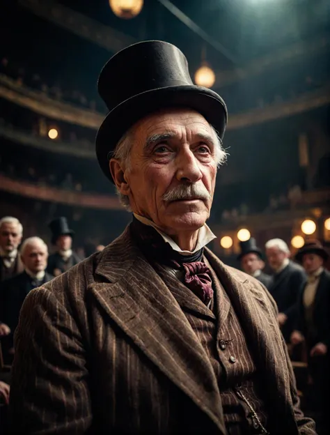 cinematic film still, old circus director, victorian london, amazing details, dark atmosphere, shallow depth of field, vignette, highly detailed, high budget, cinemascope, moody, epic, gorgeous, film, Fujichrome Provia 100F, F/8, RTX, photolab, high quality photography, 3 point lighting, flash with softbox, 4k, Canon EOS R3, hdr, smooth, sharp focus, high resolution, award winning photo, 80mm, f2.8, bokeh