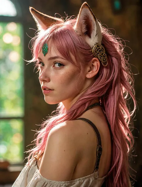 art by gaston bussiere and alphonse mucha, photograph, highly detailed, over the shoulder shot of a Cruel Celtic (young_woman, fox ears, skimpy:1.1), 20 years old, Pink hair, inside of a Balanced Palenque, deep focus, Happy, side light, double exposure, Nikon d850, F/8, Cathode tube