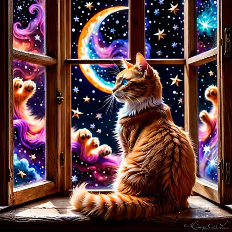 A mystical orange tabby cat sits regally on an ornate wooden windowsill, its fur glowing with an otherworldly sheen. The feline's piercing sapphire blue eyes seem to hold the wisdom of the cosmos, shimmering with starlight. Atop its head rests a deep purple wizard's hat adorned with silver stars and crescent moons, slightly tilted at a jaunty angle. The cat's tail curls gracefully around its paws as it gazes out the window into the breathtaking expanse of outer space. Beyond the glass pane, a magnificent vista of swirling nebulae unfolds - vibrant pinks, purples, and blues intertwine with golden stardust, creating a celestial tapestry. Distant galaxies and twinkling stars dot the inky blackness, while a nearby planet with luminous rings adds to the awe-inspiring view. The window frame itself seems to merge with the cosmic scene, its edges shimmering with ethereal energy, as if the boundary between the earthly and the celestial is blurred by the cat's magical presence.