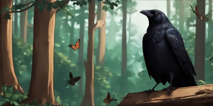 comicbook, cartoon, crow, black bird as main character, crow holds jewel, thick forest in background, various animals in background, butterfly in background