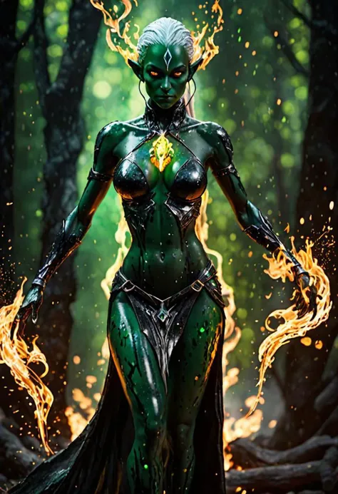 A 3d green obsidian, female dark elf figure, bleeding plasma, splattered with fire, in a dramatic, dynamic scene, heavy bokeh, caustic light effects, shadowing accents