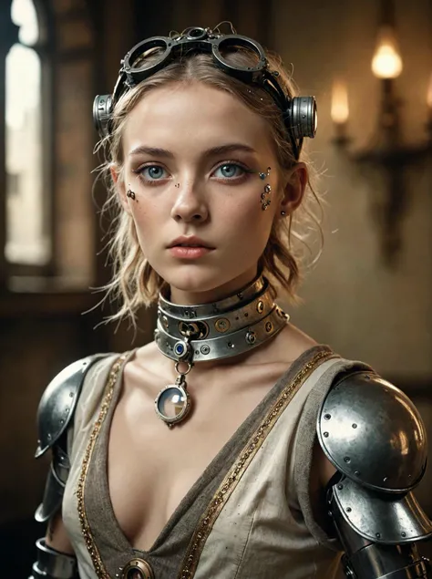 (art by Marc Lagrange:0.9) , photograph, Cyborg young_woman, 20 years old, Medieval monocle, Ultrarealistic, dynamic, Fujichrome Provia 100F, F/8, RTX, photolab, high quality photography, 3 point lighting, flash with softbox, 4k, Canon EOS R3, hdr, smooth, sharp focus, high resolution, award winning photo, 80mm, f2.8, bokeh